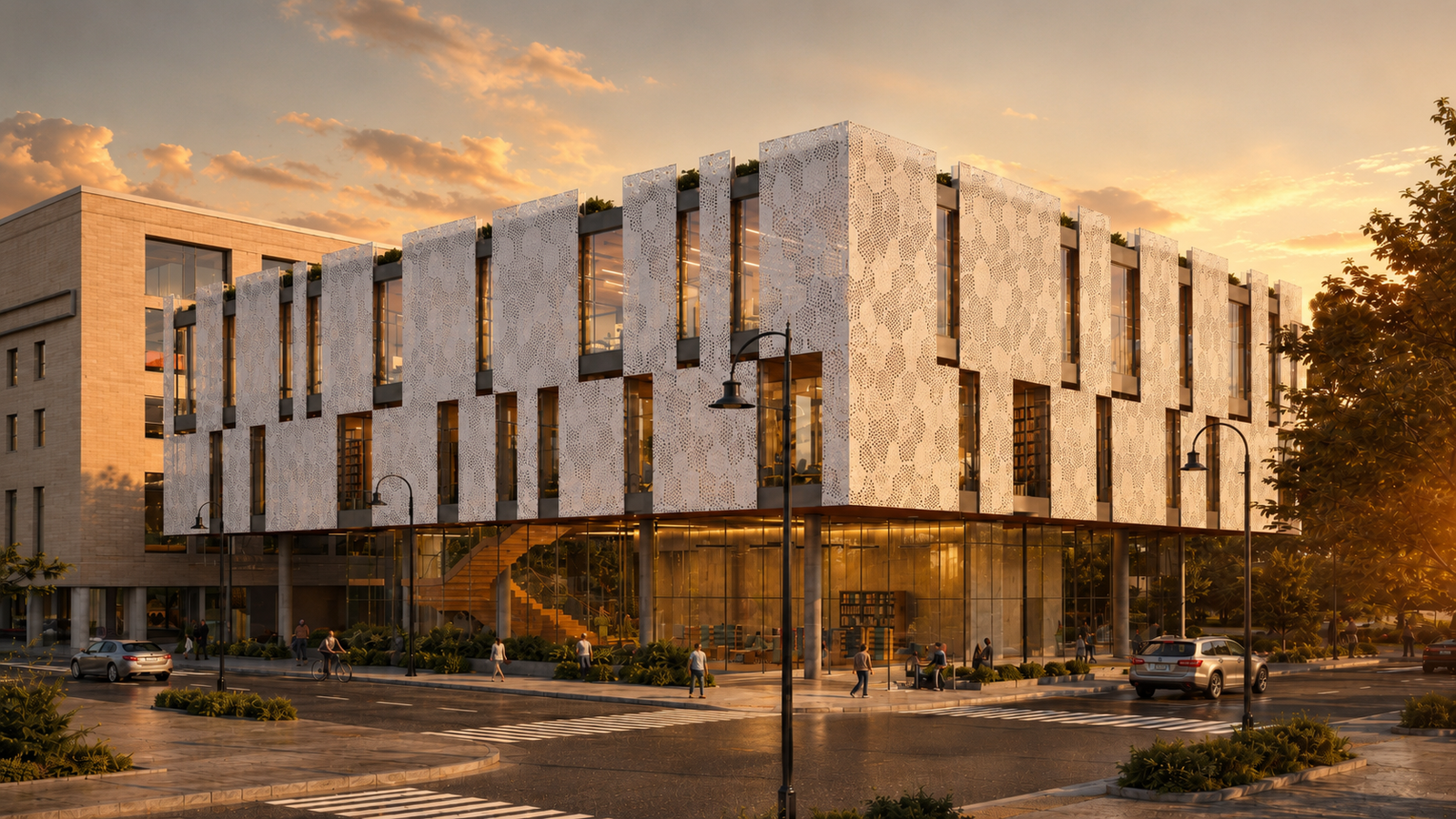 Jumar perforated aluminum cladding system on commercial building