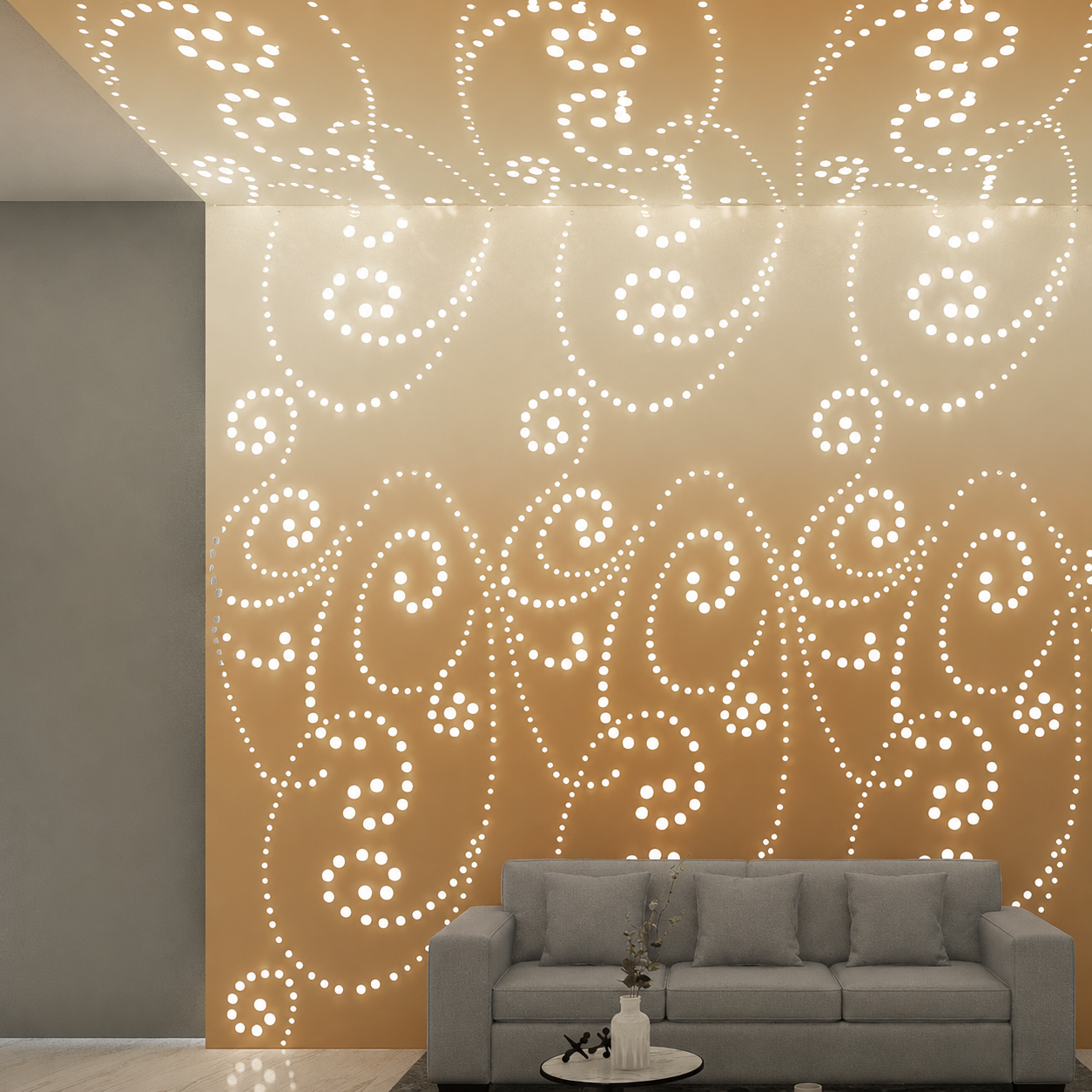 Backlit organic perforated seamless ceiling and wall panel pattern
