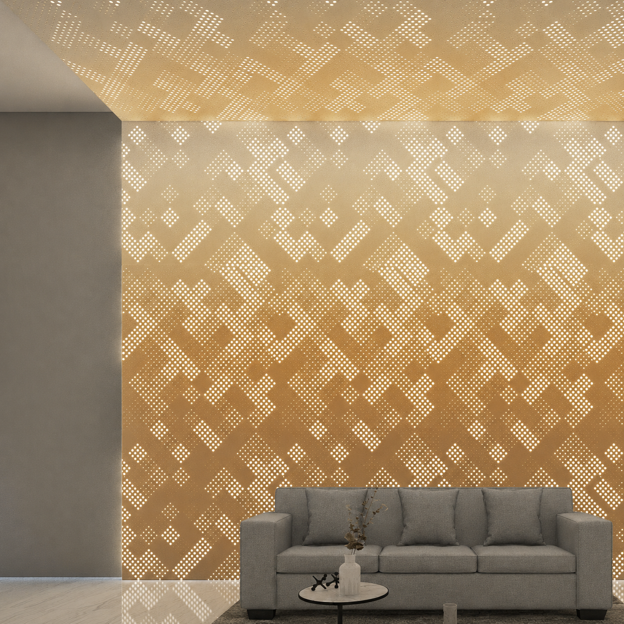 Backlit geometric perforated seamless ceiling and wall panel pattern