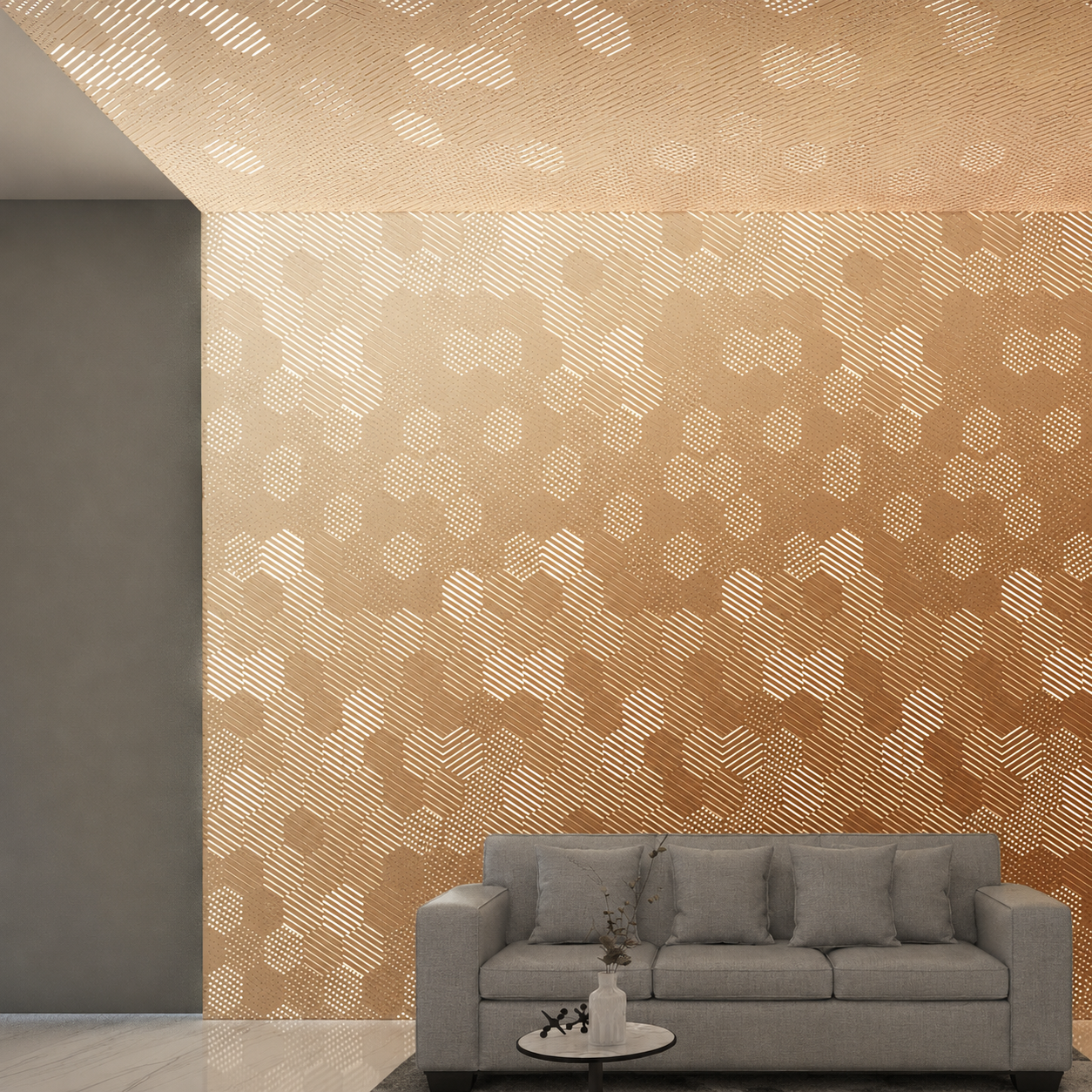 Linear and geometric Seamless System ceiling and wall panel pattern