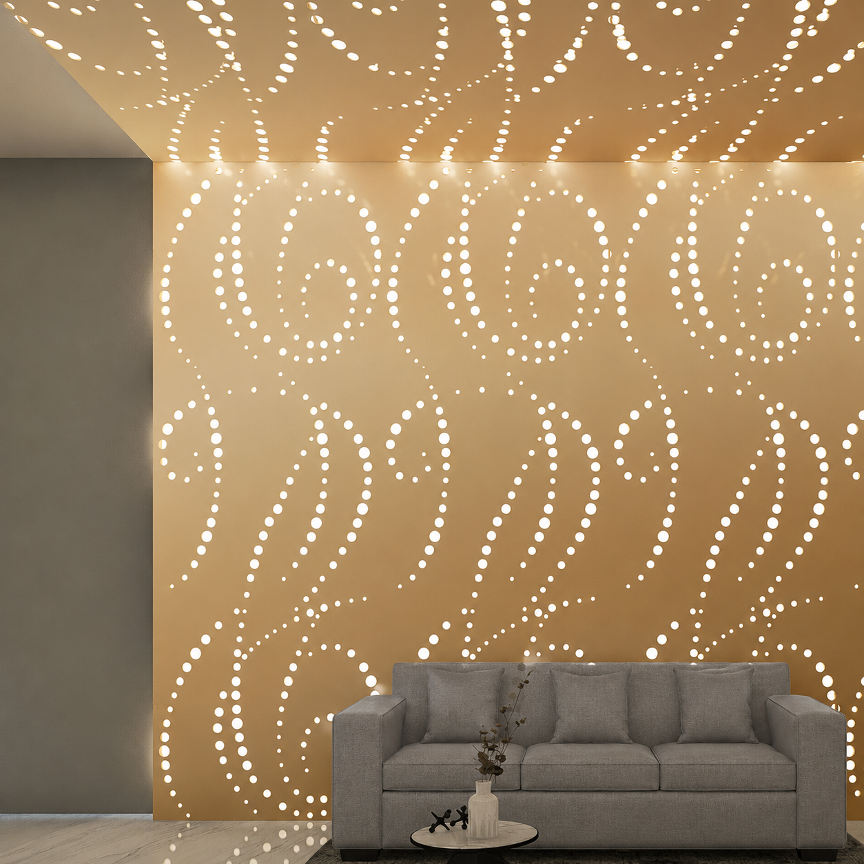 Organic backlit perforated Seamless System wall and ceiling panel layout
